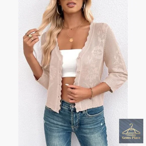 Cropped Cardigan Sweater Lightweight 3/4 Sleeve Button Down Crochet Textured - Picture 6 of 7